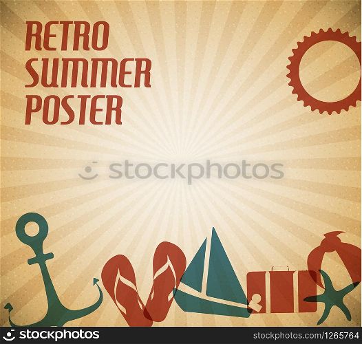 Vector summer poster with the sun and summer icons