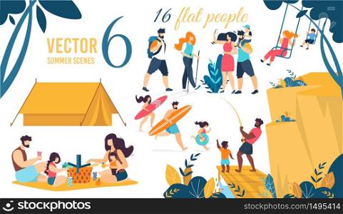 Vector Summer Scenes and Flat People Characters. Summertime Activities on Beach, in Forest or Park. Hiking, Trekking, Fishing, Surfing. Happy Parents and Children. Cartoon Flat Illustration. Vector Summer Scenes and Flat People Characters