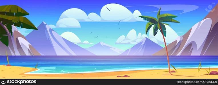 Vector summer sea beach cartoon mountain view background. Ocean tropical paradise landscape with sand shore and palm tree. Exotic mediterranean bay panorama illustration with wild coastline concept. Vector summer sea beach cartoon mountain view