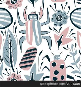 Vector Summer Seamless Pattern with Bugs and Leaves.