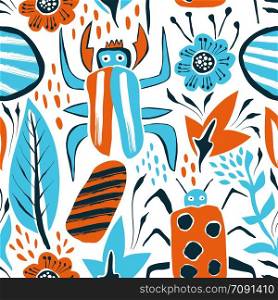 Vector Summer Seamless Pattern with Bugs and Leaves.