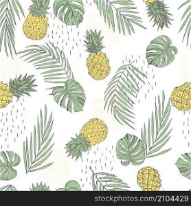 Vector summer seamless pattern with hand drawn tropical plants and pineapples. Sketch illustration.. Hand drawn tropical plants.