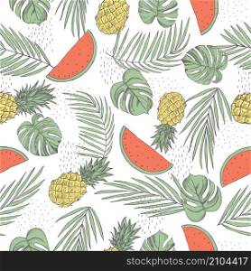 Vector summer seamless pattern with tropical plants, pineapples and watermelon. Sketch illustration.. Vector pattern with tropical plants, pineapples and watermelon.
