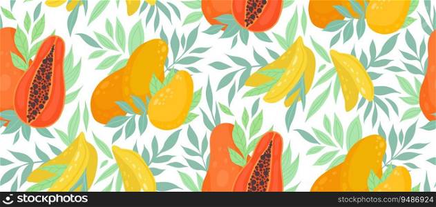 Vector summer texture with mango, papaya, bananas and lush foliage. Surface design with food. Tropical pattern with fruits and leaves on a turquoise background. Fashionable surface for wallpapers