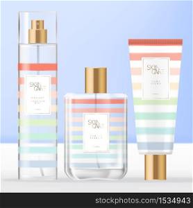 Vector Summer Theme Toiletries, Beauty or Fragrance Set with Perfume Bottle, Body or Facial Mist Spray Bottle & Hand Cream Tube Packaging with Rainbow Stripe Pattern Design.