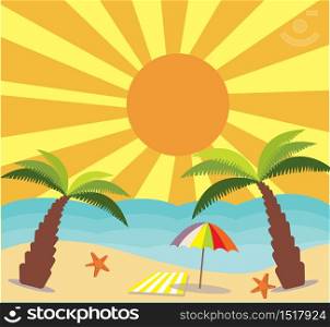 vector summer with beach, palm tree, sea and sun ray background