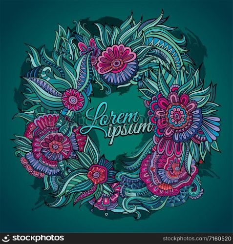 Vector summer wreath of flowers and leaves card. Vector summer wreath card