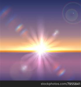 Vector sun over horizon with lens flares and refraction