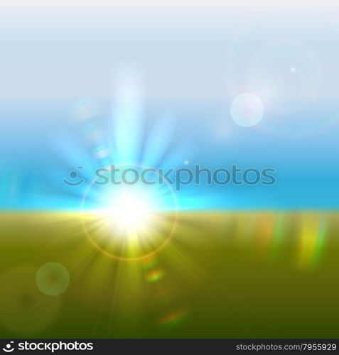 Vector sun over horizon with lens flares and refraction