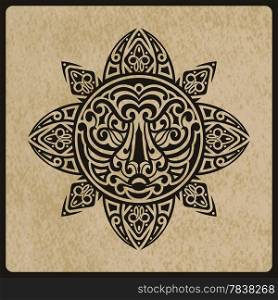 vector sun with tiger face in the centre on rough paper texture, tattoo sketch, Polynesian tattoo style