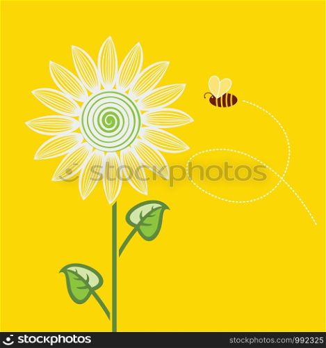 vector sunflower cartoon with flying bee on yellow background