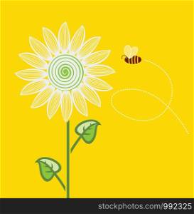 vector sunflower cartoon with flying bee on yellow background