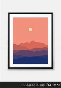 Vector Sunset Mountain View Landscape Minimal Painting on Wall with Black Frame