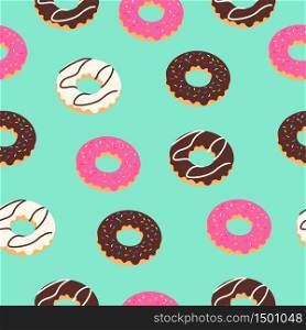 Vector sweet donuts with pink glaze, chocolate and vanilla seamless pattern in pop style