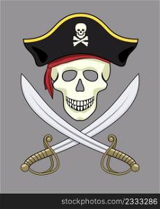 vector symbol of caribbean pirate isolated on gray background. black pirate hat, red bandana, human skull and crossed sabers. scary warning emblem. vintage saber with bronze handle