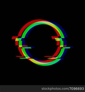 Vector symbol of circle in glitch style. Round Geometric glitched Icon isolated on black background. Modern digital pixel distorted design. Television video error shape. Creative. Vector symbol of circle in glitch style. Round Geometric glitched Icon isolated on black background. Modern digital pixel distorted design. Television video error shape.