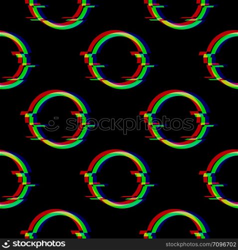 Vector symbol of circle in glitch style. Round Geometric glitched Icon isolated on black background. Modern digital pixel distorted design. Television video error shape. Creative. Vector seamless pattern with symbol of circle in glitch style. Round Geometric glitched Icon isolated on black background. Modern digital pixel distorted design. Television video error shape.
