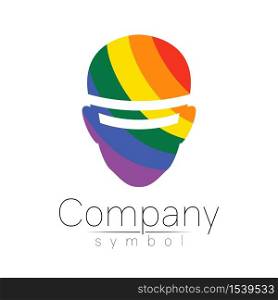 Vector symbol of human head. Person face. Blue color isolated on white. Concept sign for business, science, psychology, medicine, VR, technology. Creative sign design Man silhouette. Modern logo.. Vector logotype symbol of human head. Virtual reality logo. Person face. Rainbow color isolated on white. Concept sign for business, science, psychology, medicine, VR, technology, LGBT. Creative