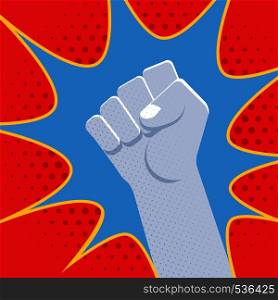 vector symbolic raised clenched power fist male hand protest concept blue kick sign vintage illustration retro pop art poster design isolated on red dotted background. symbol clenched fist hand illustration