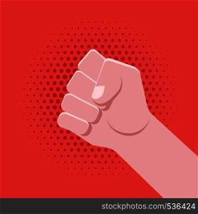 vector symbolic raised clenched power fist male hand protest concept sign vintage illustration retro poster design isolated on red dotted background. symbol clenched fist hand illustration
