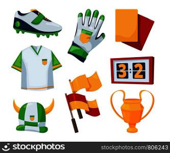 Vector symbols for soccer competition. Illustration of football ticket and card, cup and scoreboard, glove or flag. Vector symbols for soccer competition