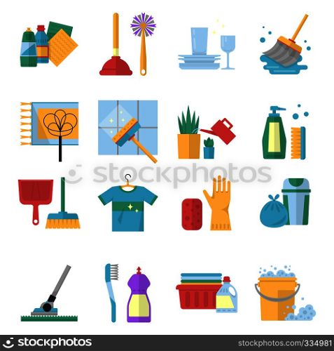 Vector symbols of cleaning services in cartoon style. Brush, dust and bucket. Equipment for household and housekeeping, broom and brush illustration. Vector symbols of cleaning services in cartoon style. Brush, dust and bucket