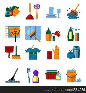 Vector symbols of cleaning services in cartoon style. Brush, dust and bucket. Equipment for household and housekeeping, broom and brush illustration. Vector symbols of cleaning services in cartoon style. Brush, dust and bucket