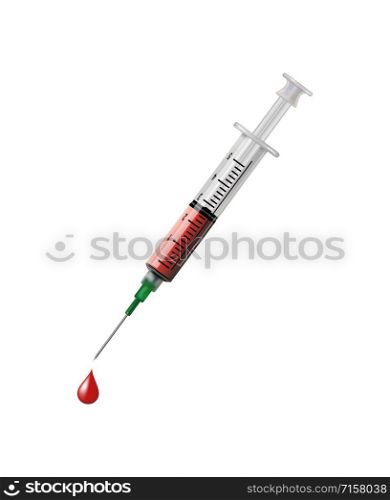 Vector syringe for injection vaccine with red blood liquid isolated on white background