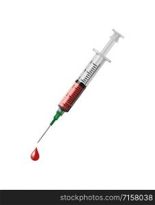 Vector syringe for injection vaccine with red blood liquid isolated on white background