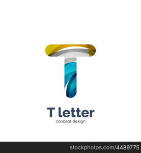 Vector T letter logo, modern abstract geometric elegant design, shiny light effect. Created with flowing waves