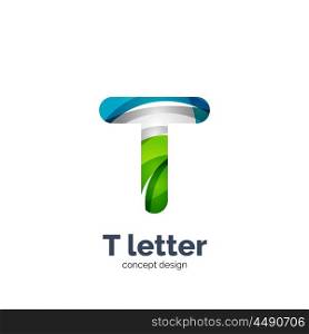 Vector T letter logo, modern abstract geometric elegant design, shiny light effect. Created with flowing waves