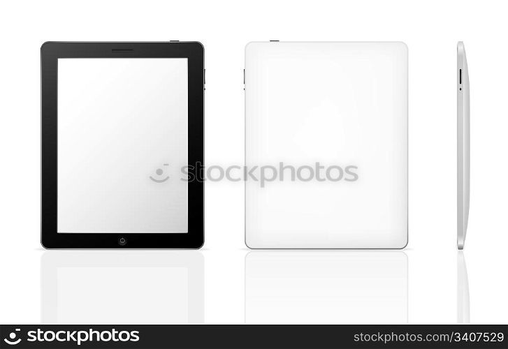 Vector tablet computer with shadow and reflection (front, back and side)