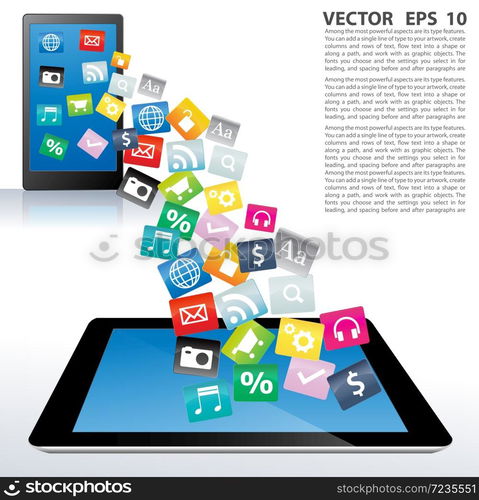 Vector Tablet PC with cloud of application icons