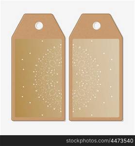 Vector tags design on both sides, cardboard sale labels. Abstract polygonal low poly backdrop with connecting dots and lines, golden background, connection structure. Digital or science vector