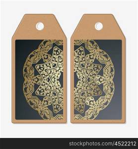 Vector tags design on both sides, cardboard sale labels. Golden microchip pattern on dark background with connecting dots and lines, connection structure. Digital scientific vector
