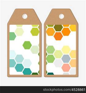 Vector tags design on both sides, cardboard sale labels. Abstract colorful business background, modern stylish hexagonal vector texture.