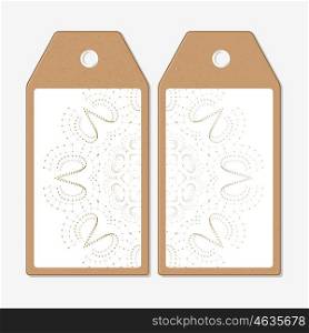 Vector tags design on both sides, cardboard sale labels. Polygonal low poly backdrop with connecting dots and lines, golden connection structure isolated on white background. Digital or science vector
