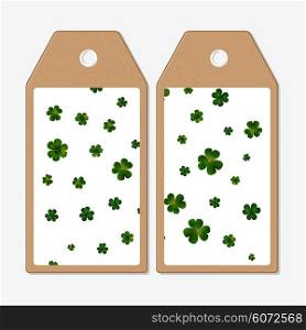 Vector tags design on both sides, cardboard sale labels. St Patricks day vector background, green clovers on white