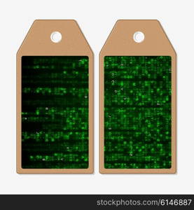 Vector tags design on both sides, cardboard sale labels. Virtual reality, abstract technology background with green symbols, vector illustration.