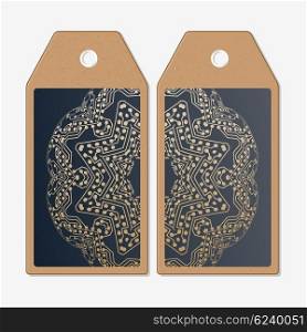 Vector tags design on both sides, cardboard sale labels. Golden microchip pattern, abstract template with connecting dots and lines, connection structure. Digital scientific vector background