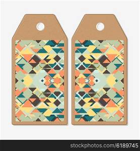 Vector tags design on both sides, cardboard sale labels. Material Design. Colored vector background.