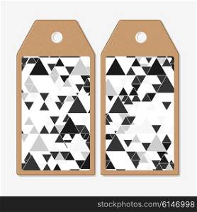 Vector tags design on both sides, cardboard sale labels. Triangular vector pattern. Abstract black triangles on white background
