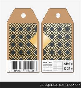Vector tags design on both sides, cardboard sale labels with barcode. Islamic gold pattern with overlapping geometric square shapes forming abstract ornament. Vector golden texture on black background