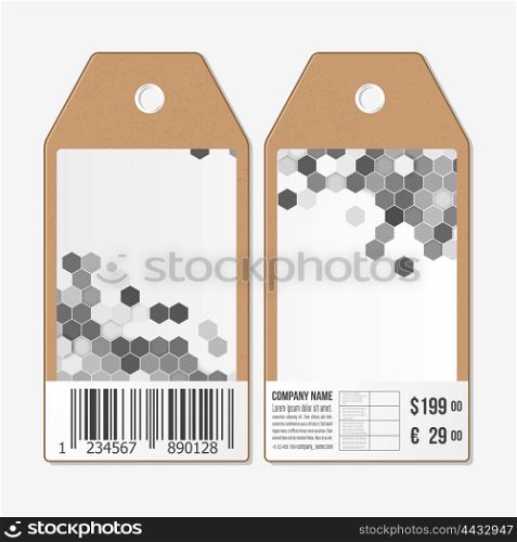 Vector tags design on both sides, cardboard sale labels with barcode. Polygonal design vector, geometric hexagonal backgrounds.