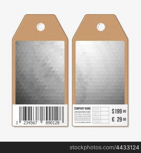 Vector tags design on both sides, cardboard sale labels with barcode. Polygonal design, geometric triangular backgrounds.