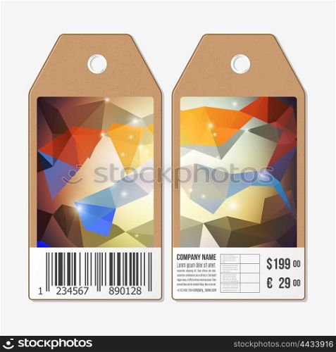 Vector tags design on both sides, cardboard sale labels with barcode. Polygonal design, colorful geometric triangular backgrounds.