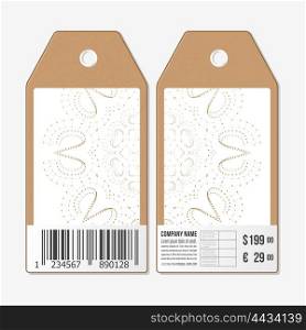 Vector tags design on both sides, cardboard sale labels with barcode. Polygonal backdrop with connecting dots and lines, golden connection structure on white background. Digital or science vector