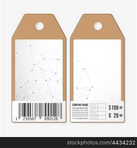 Vector tags design on both sides, cardboard sale labels with barcode. Molecule structure, connection vector, science polygonal background.
