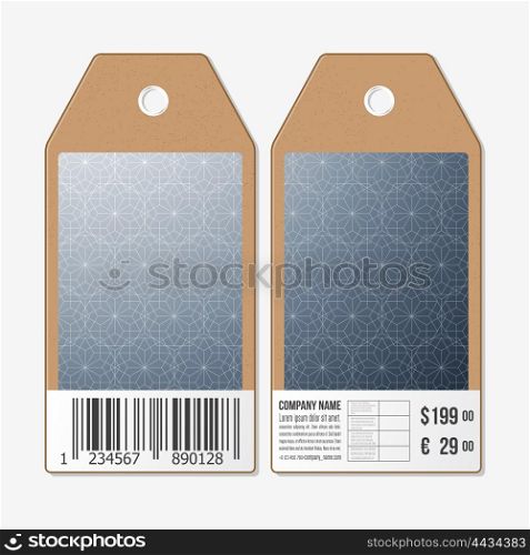 Vector tags design on both sides, cardboard sale labels with barcode. Abstract floral business background, modern stylish vector texture.