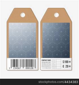 Vector tags design on both sides, cardboard sale labels with barcode. Abstract floral business background, modern stylish vector texture.